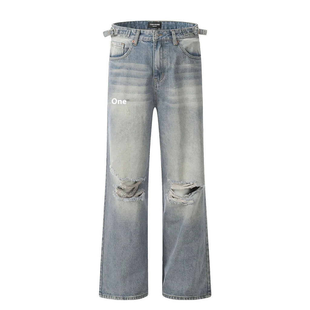 Blue men's straight-leg jeans with ripped detailing on the legs, showing a zipper fly.