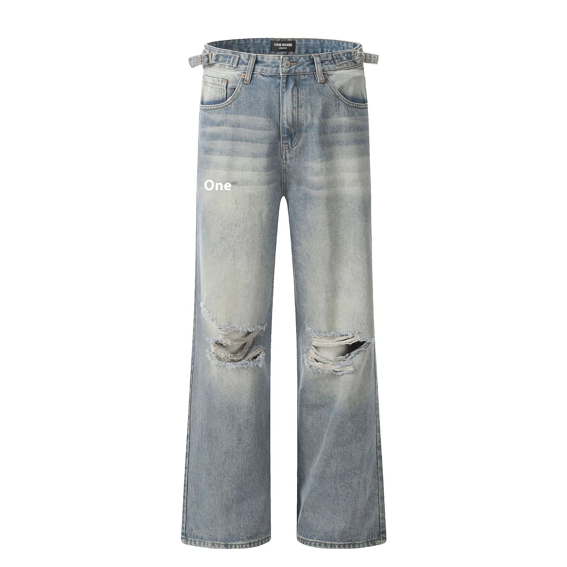 Blue men's straight-leg jeans with ripped detailing on the legs, showing a zipper fly.
