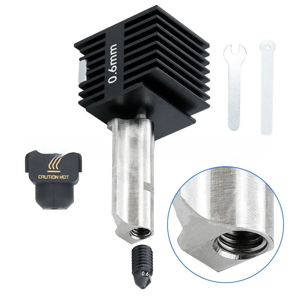 Bambu Lab A1 Mini 3D printer hardened steel nozzle hot end kit with four nozzle sizes and black silicone sleeves.