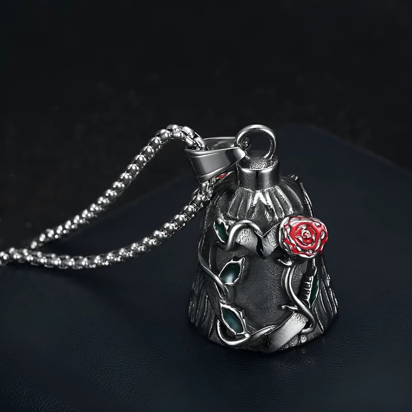 Titanium steel motorcycle lucky bell with double-sided epoxy rose design and polished vintage finish