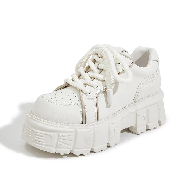 Women's casual leather shoes with thick rubber foam soles in beige or pink solid colours