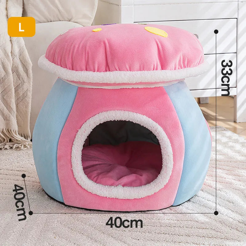Mushroom-shaped cat nest with detachable thermal blanket in rabbit plush material