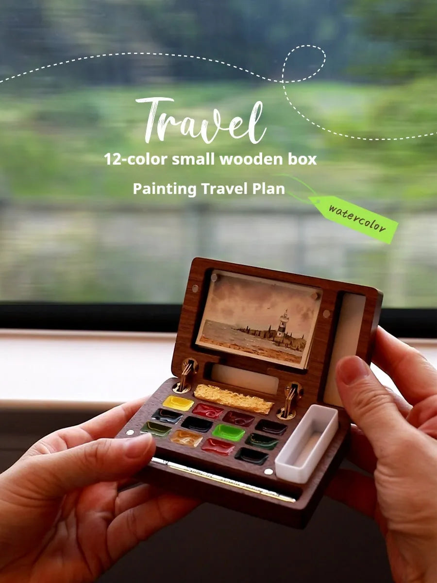 Mini wooden walnut watercolour paint box open showing pigment pans with choice of Schmincke, Holbein, Picasso, or Moonlight colour sets.