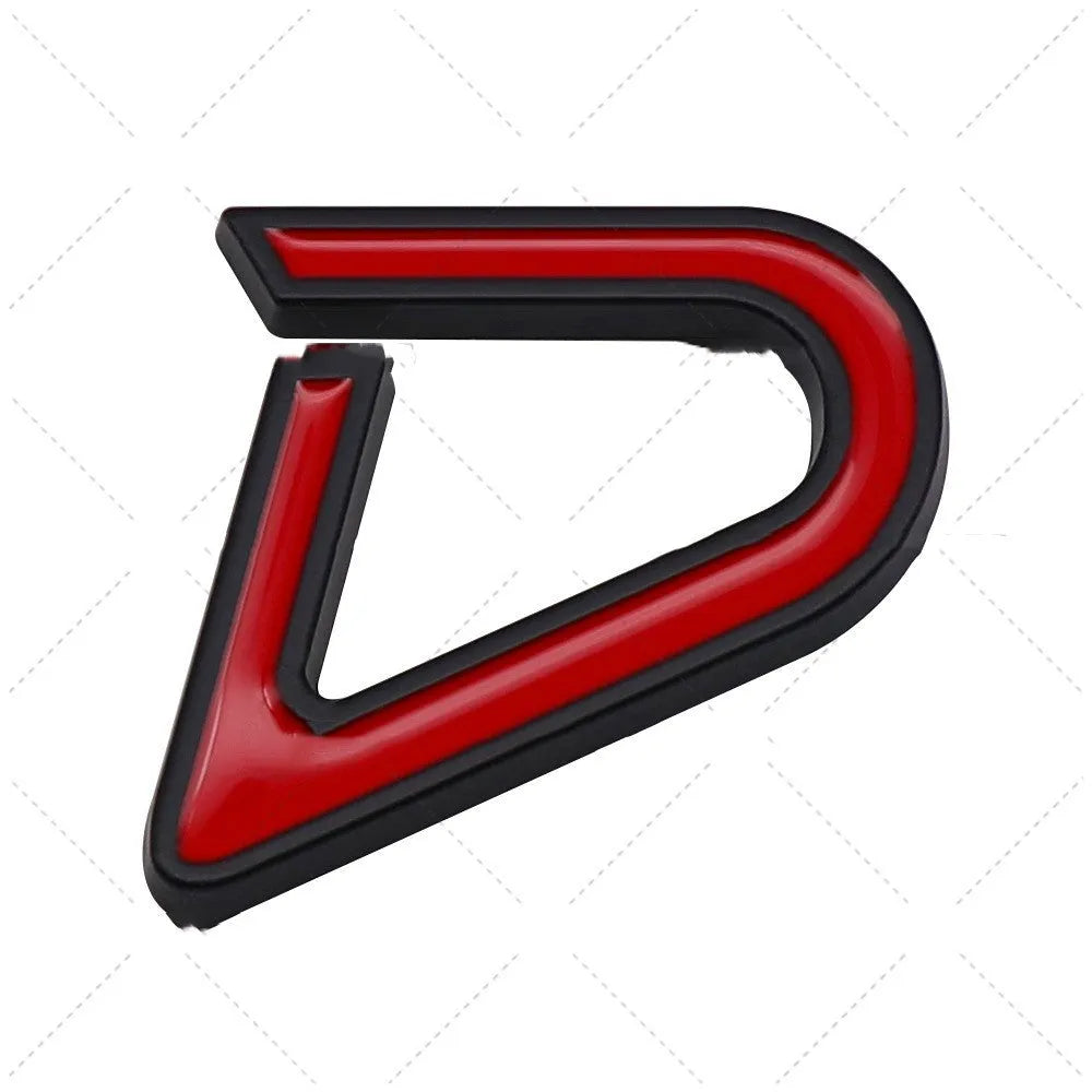 Metal decorative car sticker in SD design with red and silver colouring measuring 7.7cm by 2.9cm