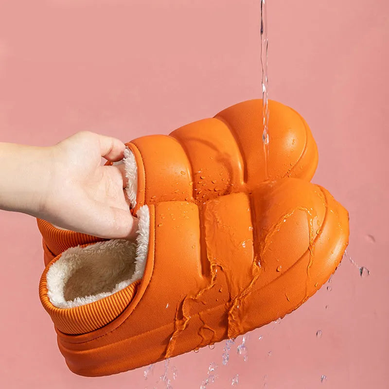 Waterproof EVA winter slippers with plush lining in multiple colours showing non-slip soles