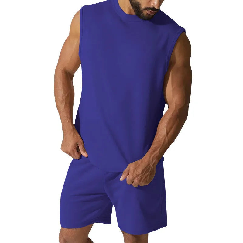 Men's sleeveless sports suit two-piece set in cotton blend fabric showing top and matching shorts