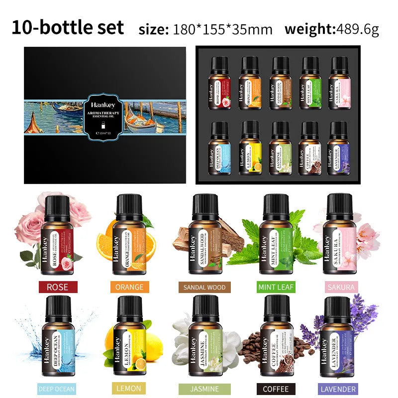 Boxed sets of water-soluble aromatherapy essential oils in 3, 5, 6, 10 or 12 bottle combinations