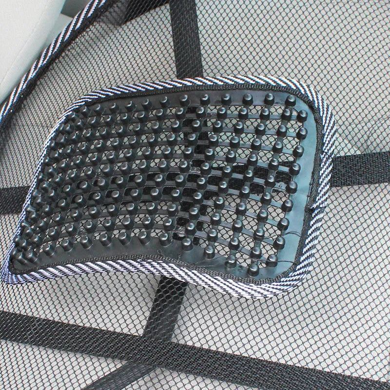 Black car leather lumbar support pillow with steel wire frame measuring 41cm by 39cm