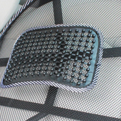 Black car leather lumbar support pillow with steel wire frame measuring 41cm by 39cm