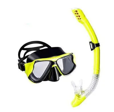 Black PC frame diving goggles with anti-fog glass lens, silicone strap, and mouthpiece.