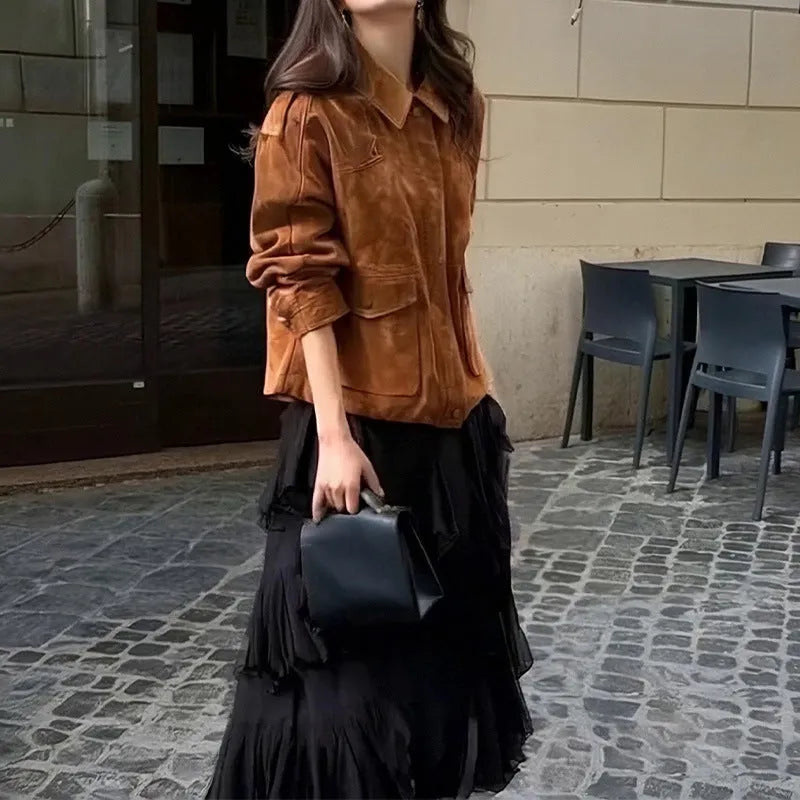 Women's bright brown polyester suede coat with regular sleeves, street chic design