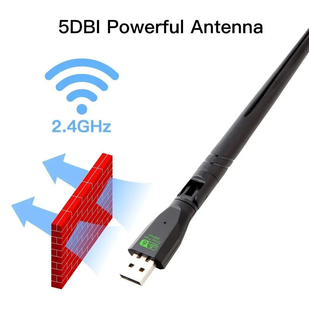 Black USB WiFi6 wireless network adapter with driver-free installation for computers.
