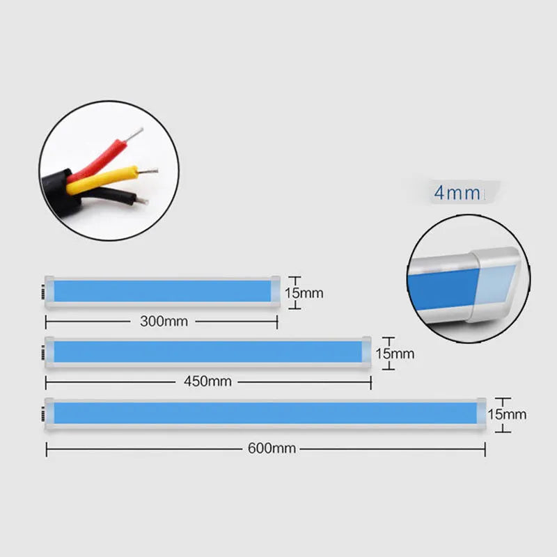 Flexible silicone car LED daytime running light strip with flowing turn signal animation, shown in multiple colours.