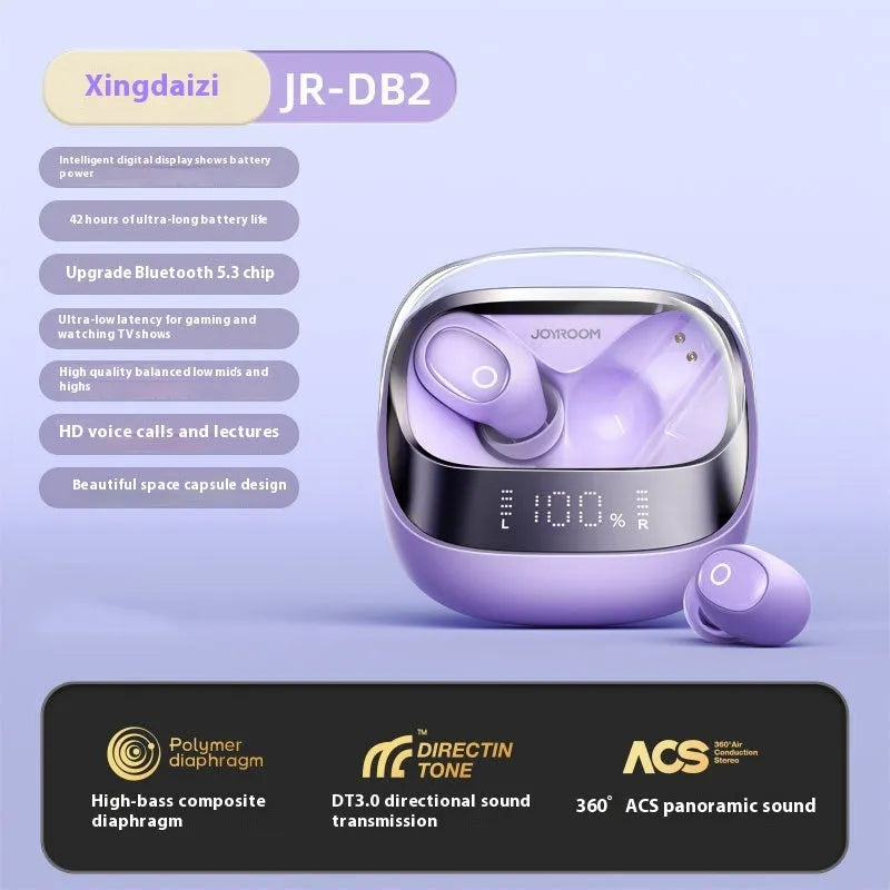 Wireless in-ear Bluetooth headphones with charging case in Dawn White, Starry Sky Black, and Purple colour options.