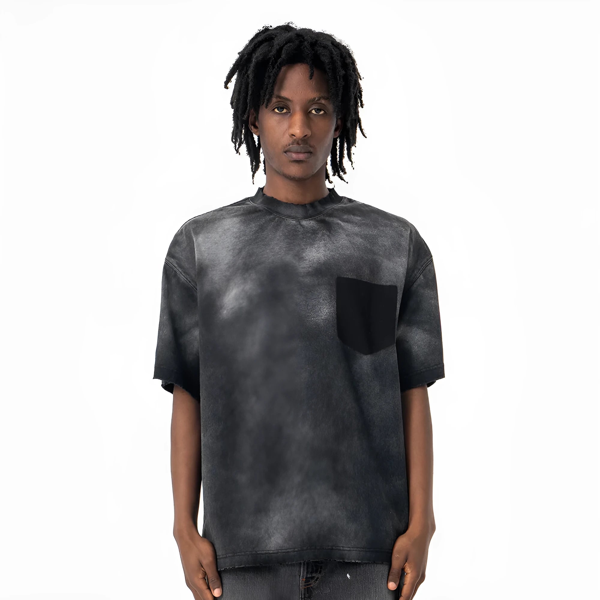Men's black oversized cotton t-shirt with letter print and drop-shoulder sleeves