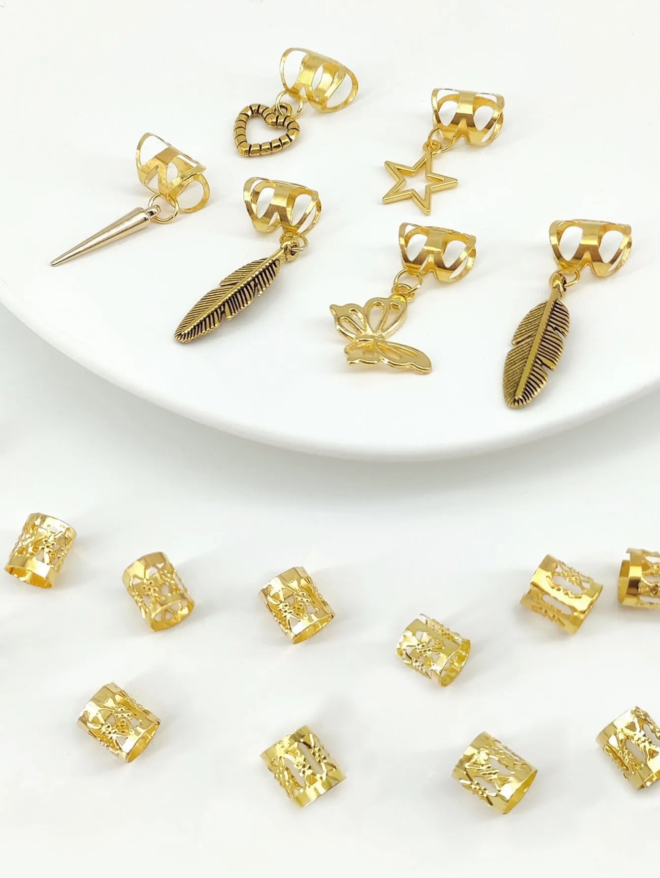 Gold and silver antique style leaves design hair rings for braids, pack of 26 pieces