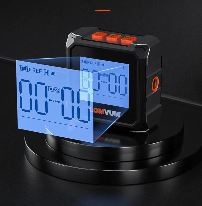 Digital laser infrared tape measure inclinometer with alloy casing and backlit display on a metal surface.
