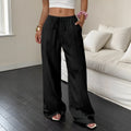 Women's wide-leg trousers with lace-up waist trimming in black and pink polyester fabric