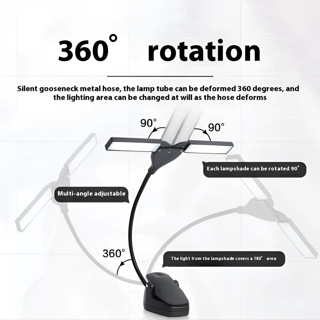 Black rechargeable music stand lamp with 28 LEDs attached to a metal music stand.