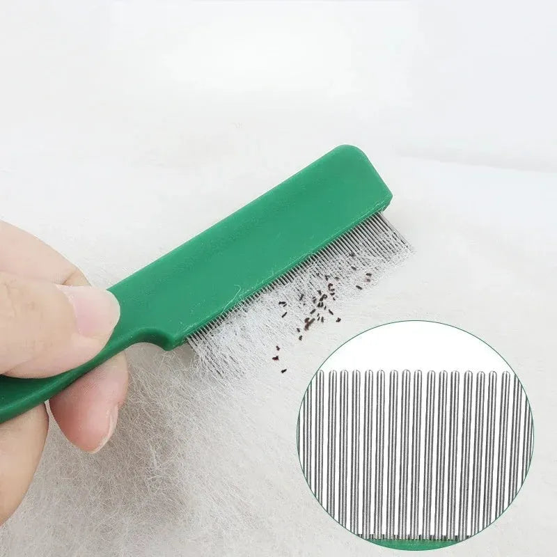Green pet flea comb with stainless steel pins on plastic handle for dog and cat grooming