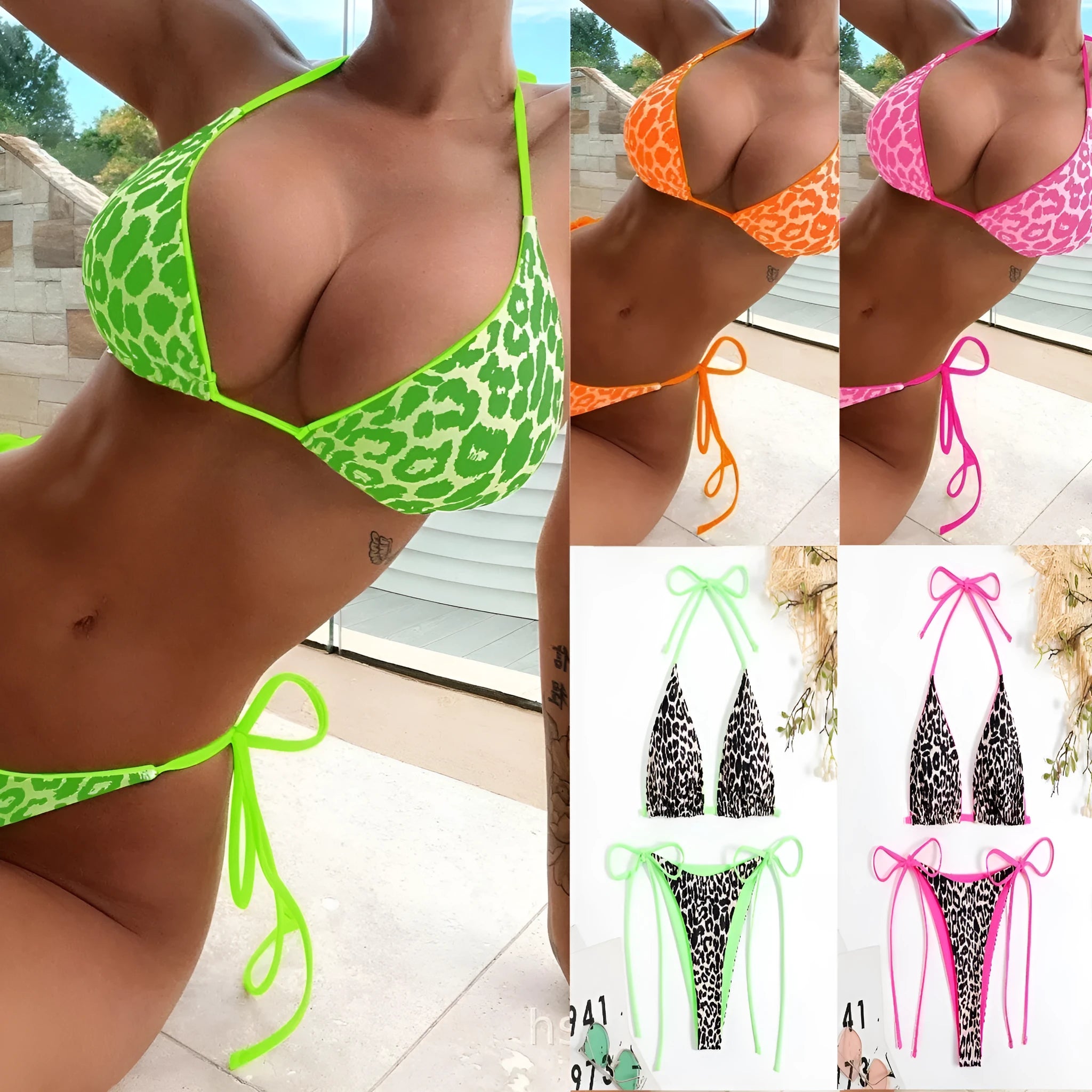 Women's lace-up front triangle bikini top with high-waisted split-leg swimsuit bottoms.