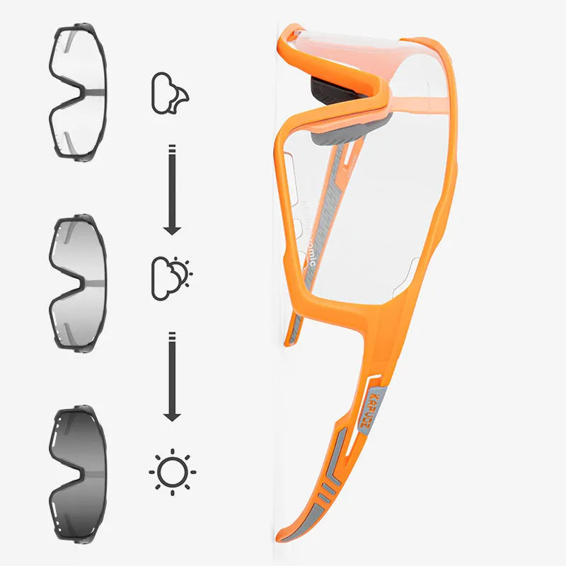 Photochromic cycling sunglasses with a semi-rimless TR90 frame on a solid colour background.