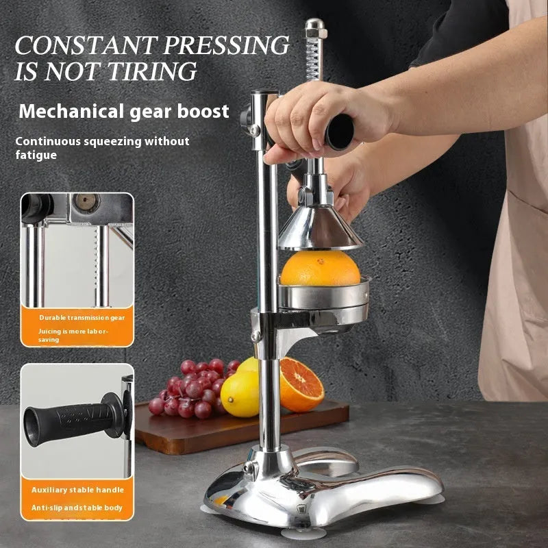 Stainless steel manual vertical juicer on a countertop, showing options for black, silver, orange, white, and electroplated finishes with pointed, flat, and double head tips.