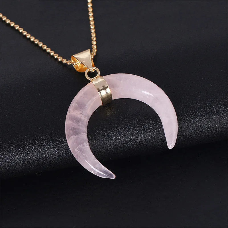 Natural stone moon pendant necklace with copper chain in pink or purple colour options