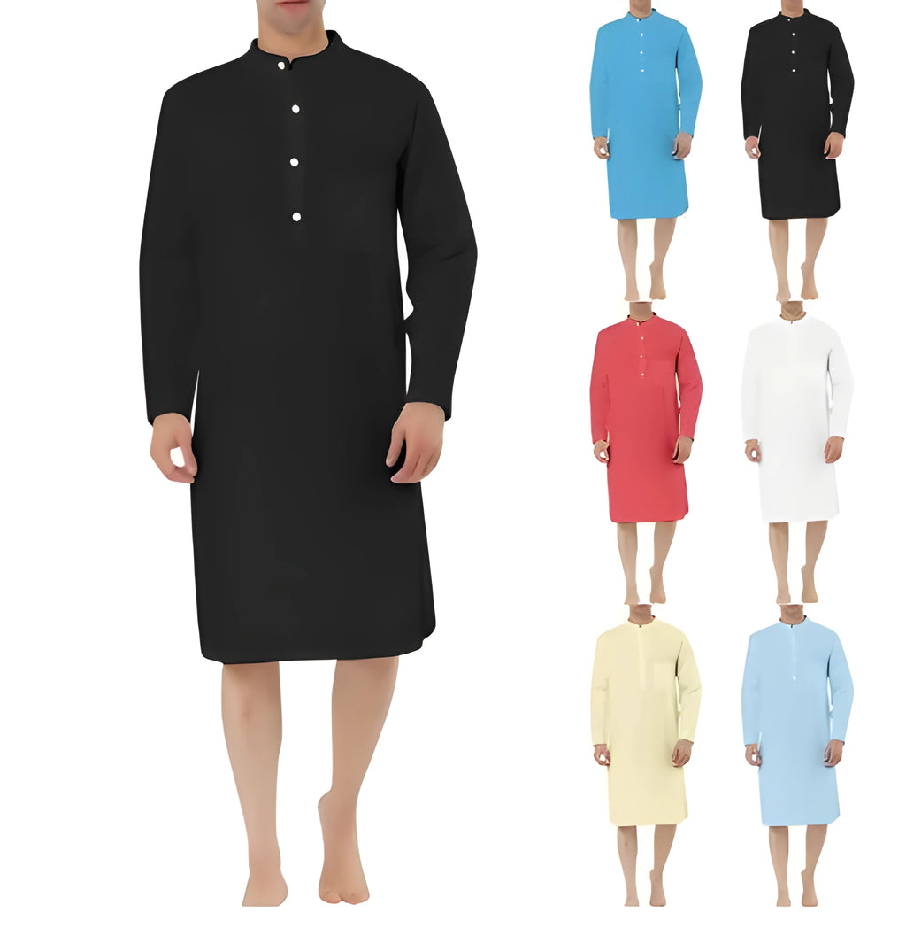 Men's cotton shirt robe in a shirt style with two front pockets, shown in one of nine available colours.