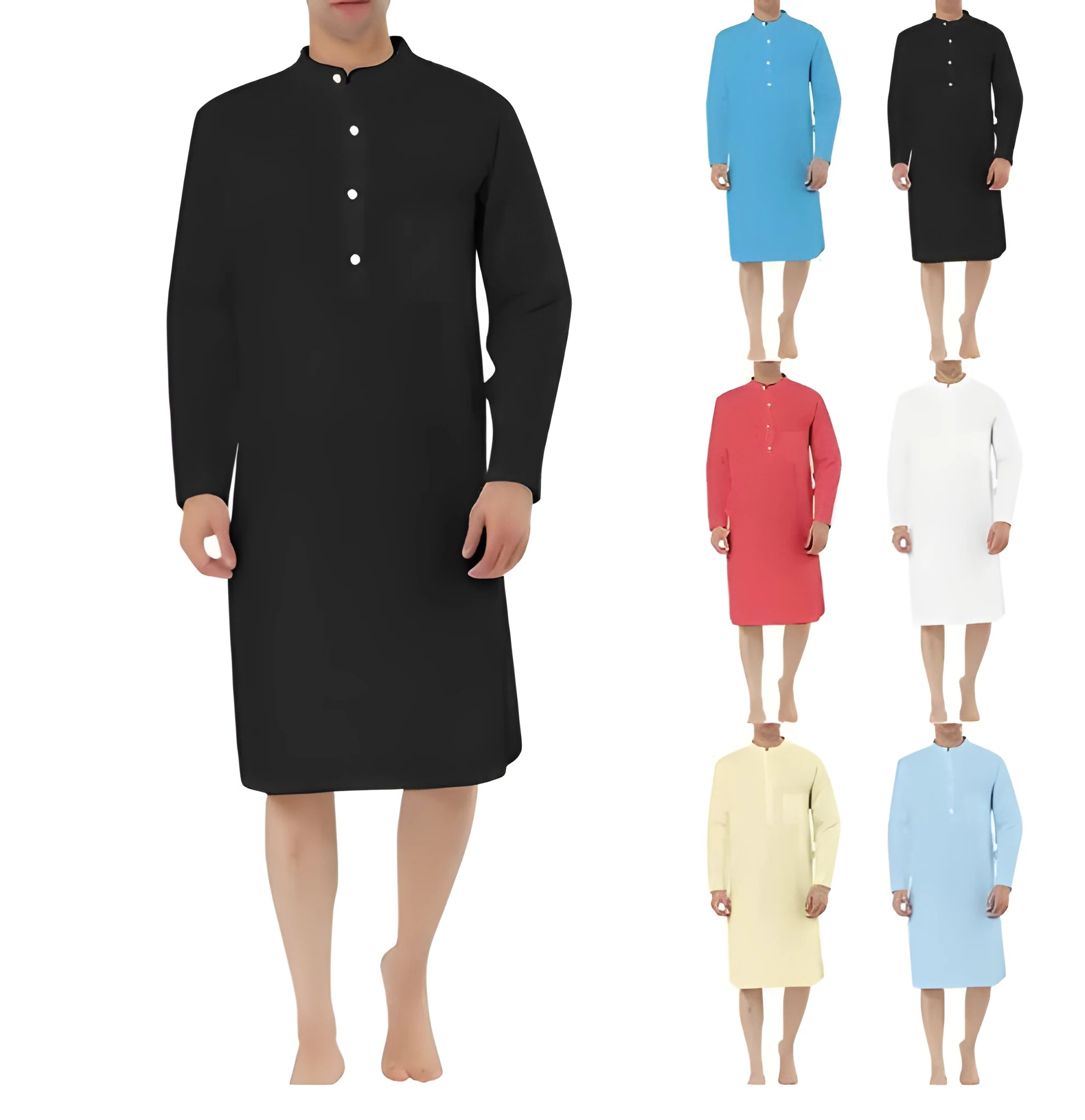 Men's cotton shirt robe in a shirt style with two front pockets, shown in one of nine available colours.