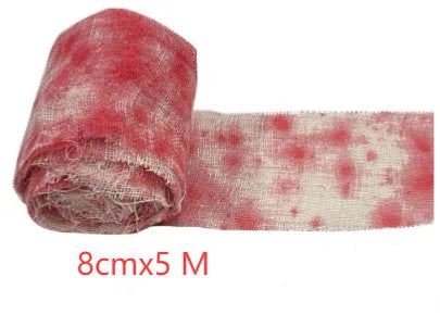 Halloween bloody red and white polyester gauze bandage rolls showing 8cm width, for decorations and costumes.