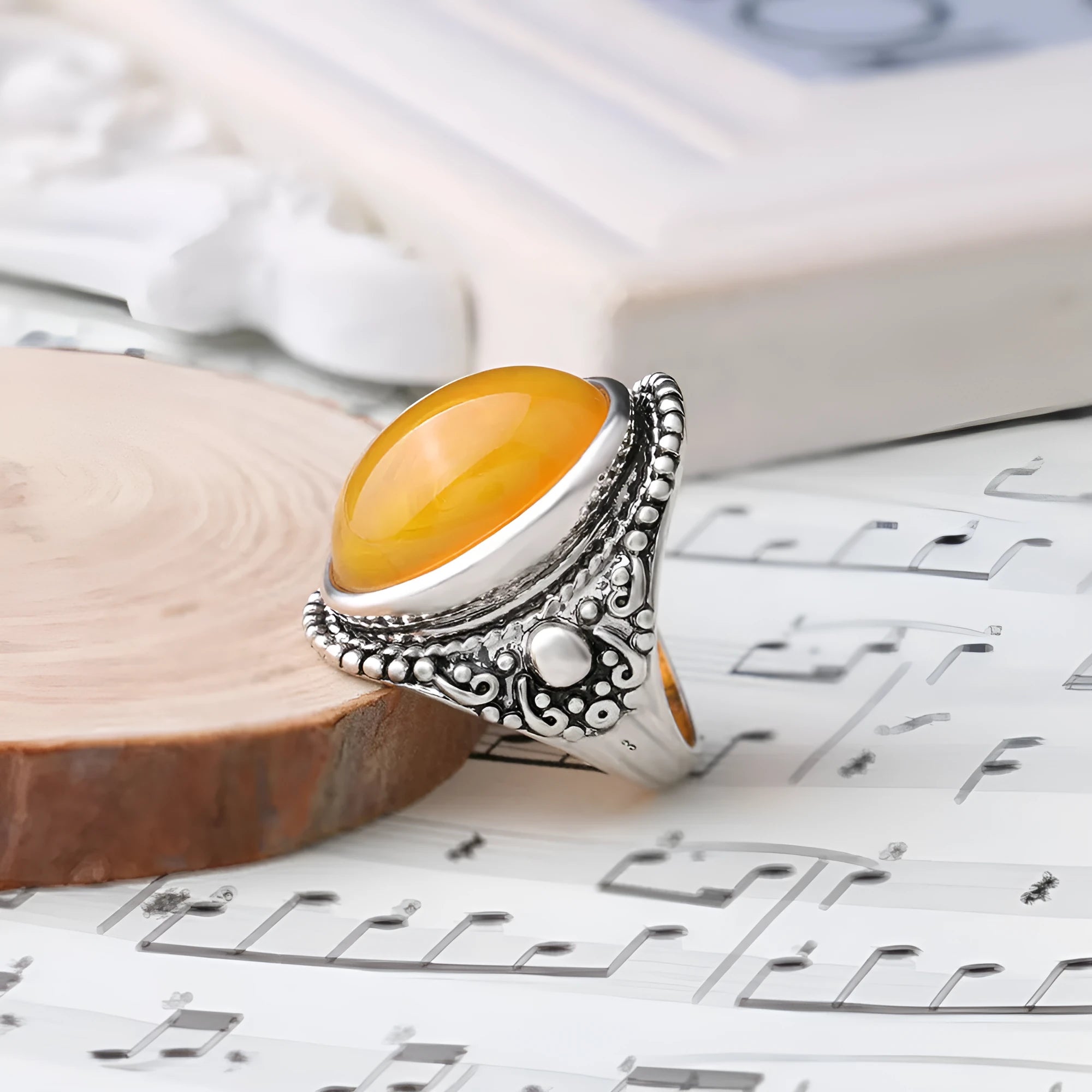 Retro geometry ring antique silver amber colour electroplated alloy jewellery