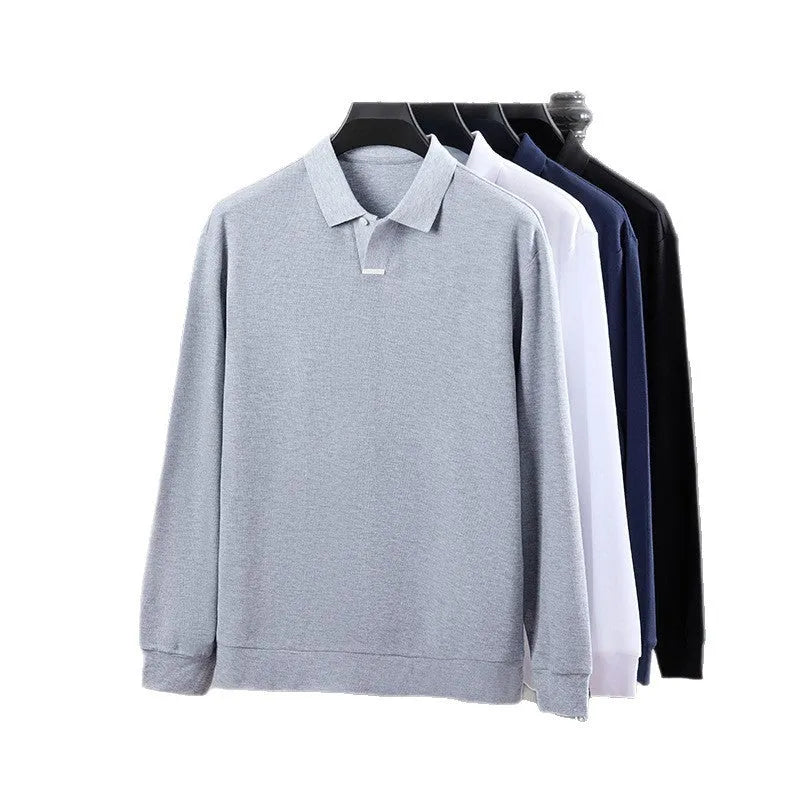 Men's grey cotton polo shirt with lapel collar and long sleeves showing loose fit design
