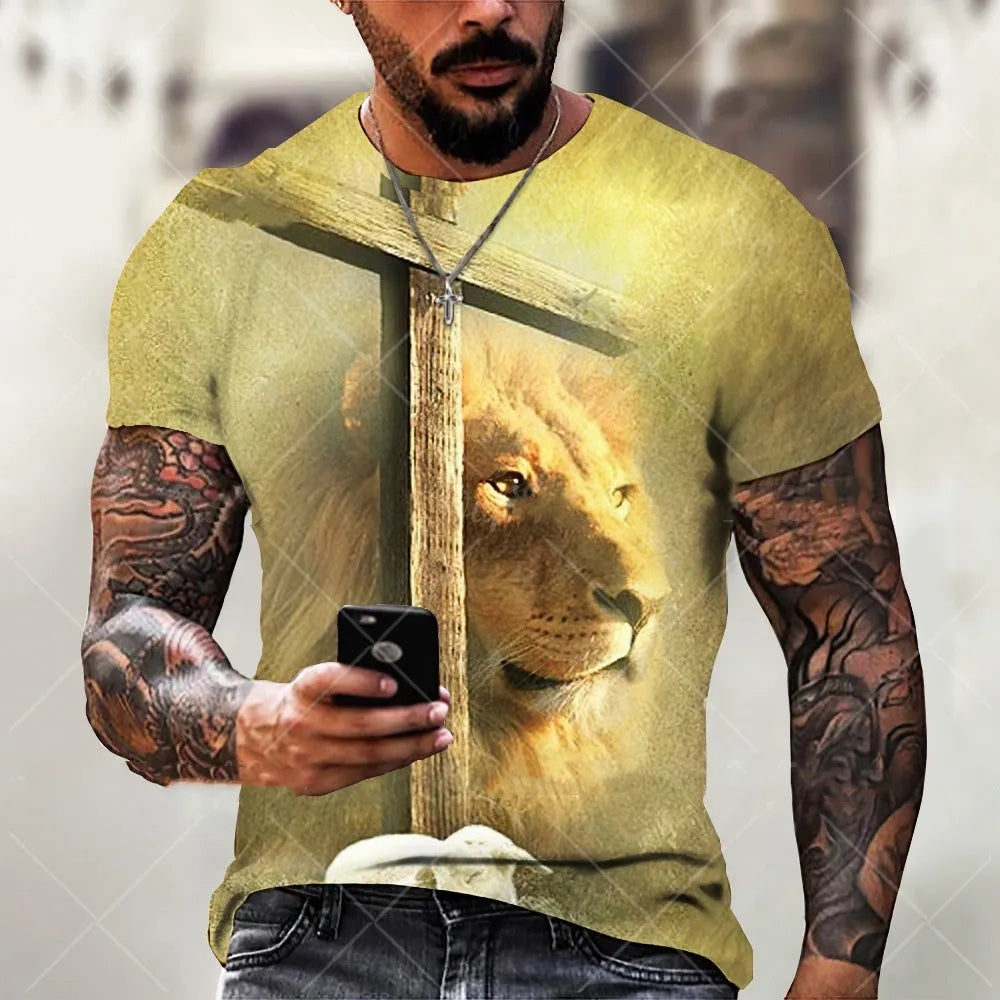 Men's grey T-shirt with 3D printed Jesus pattern design, short sleeves, pullover style