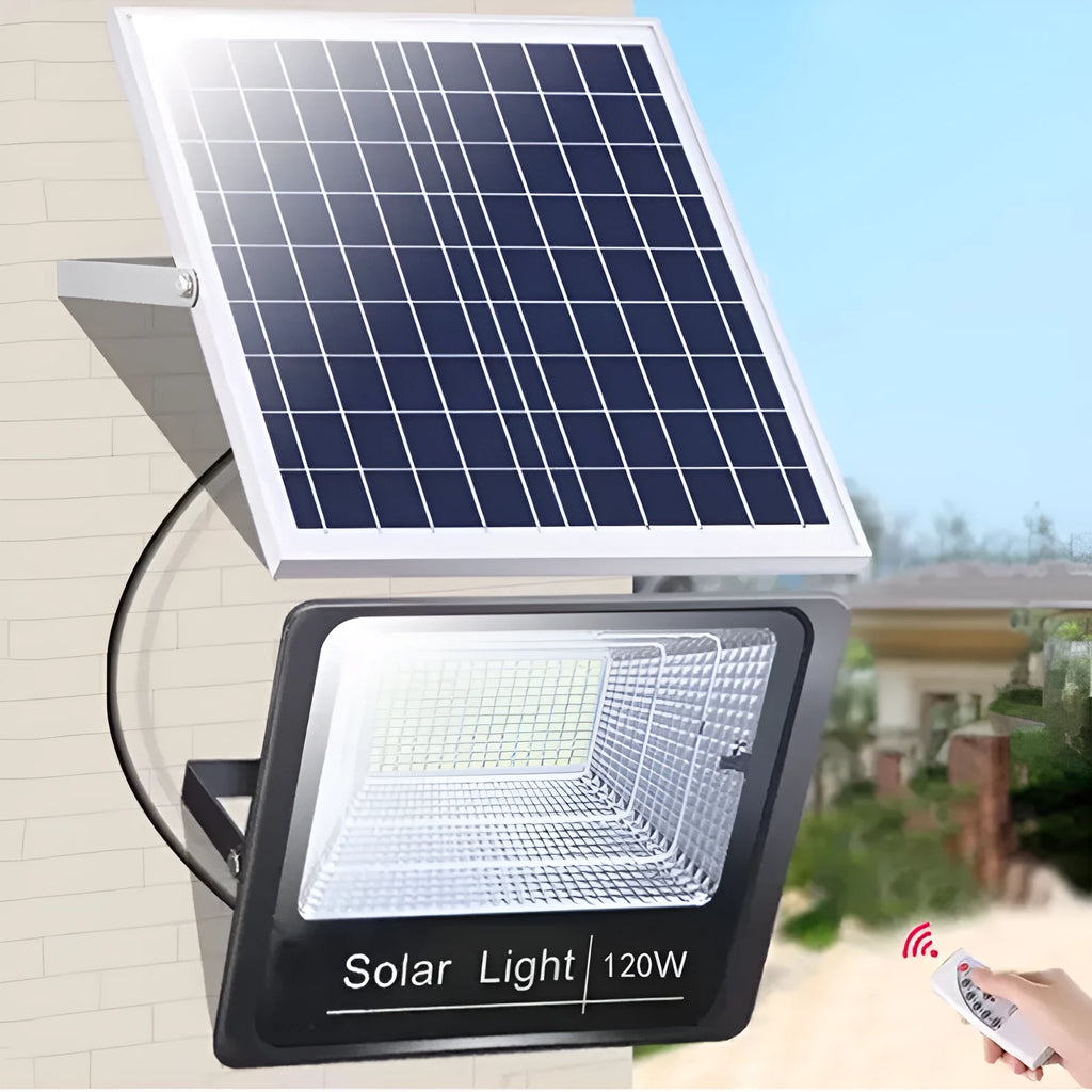 Black solar powered LED garden flood light with remote control for outdoor lighting