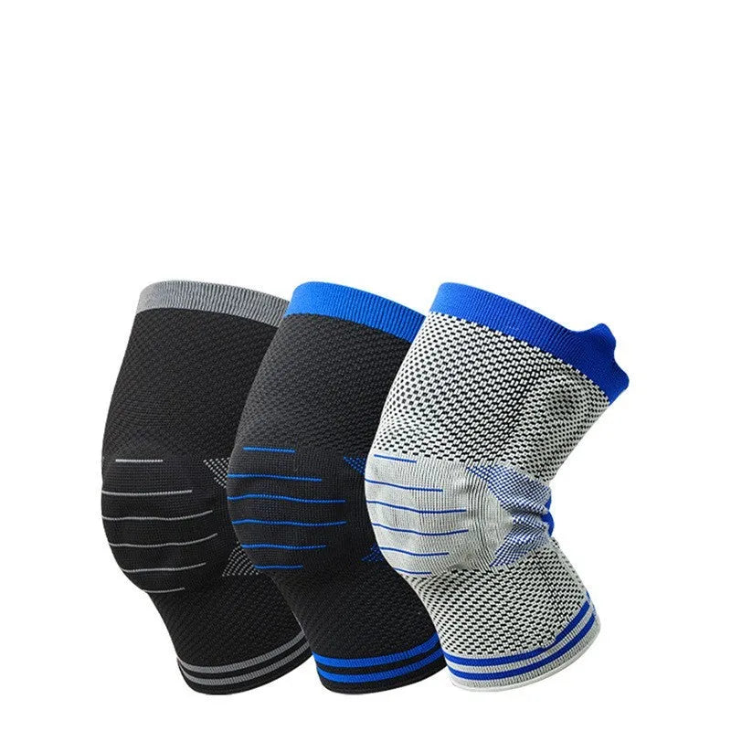 Silicone massage spring bar knee pad in black and blue cotton material for sports safety