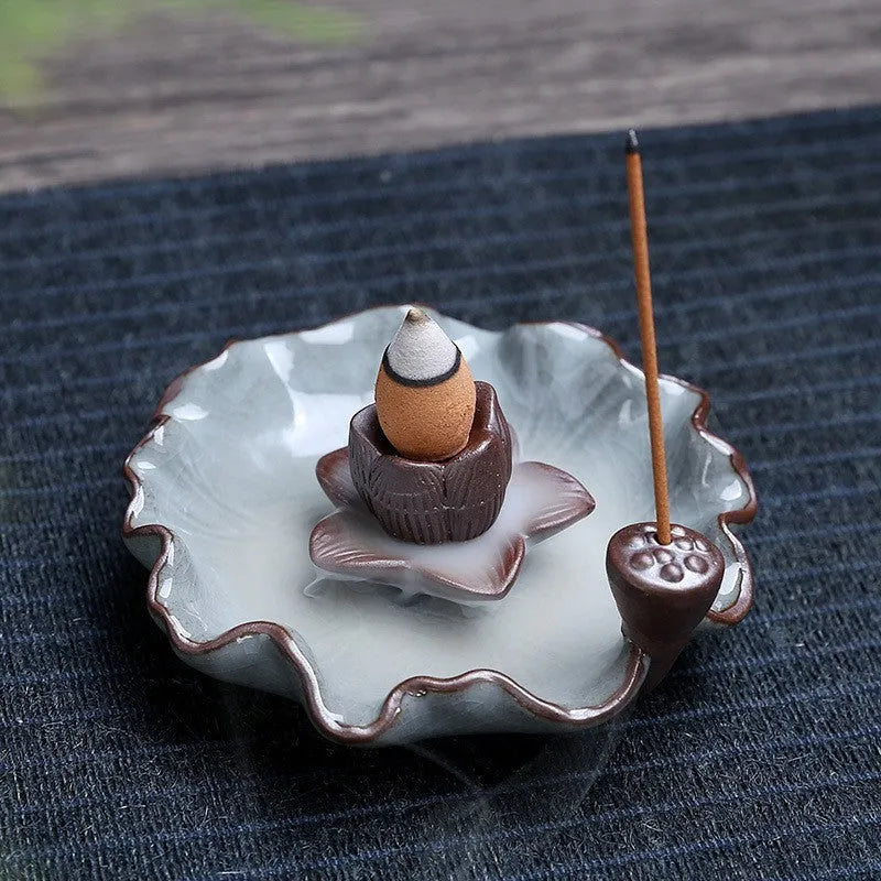 Square ceramic incense burner with purple clay base featuring crystal glaze good luck patterns and lotus designs