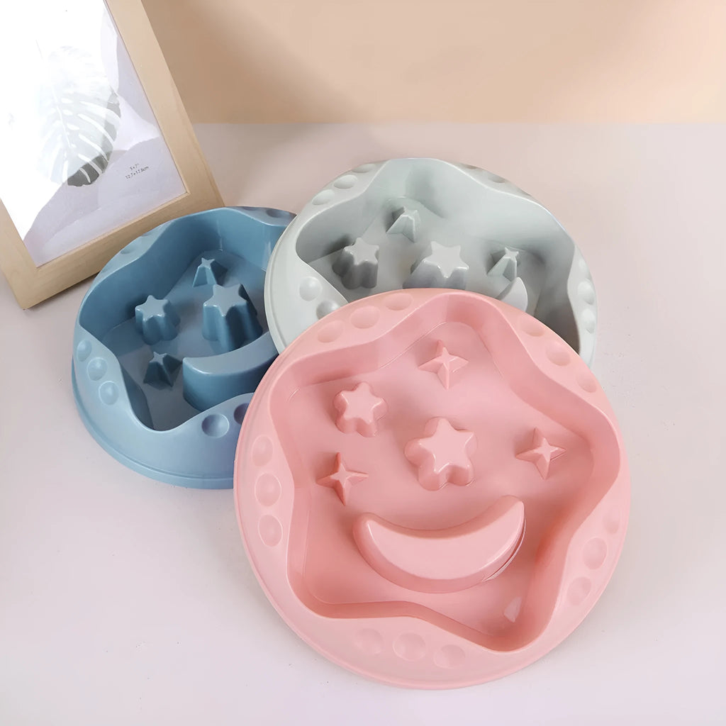 Moon star wings design dog slow food bowl in blue, grey, green, pink or yellow colours