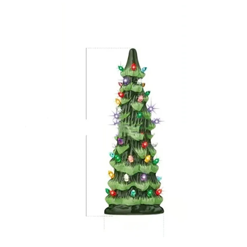 European-style Christmas tree ornament with lights, shown in different sizes for home or courtyard.