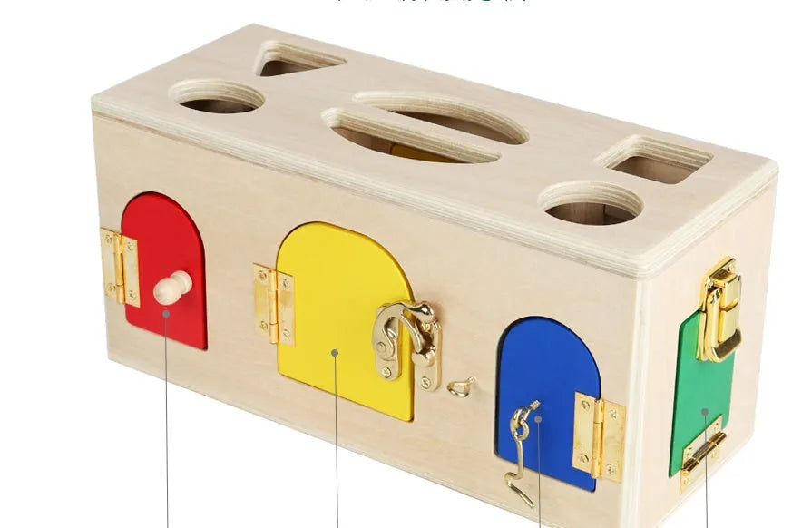 Wooden shape sorting lock box educational toy for preschool children with colourful shapes