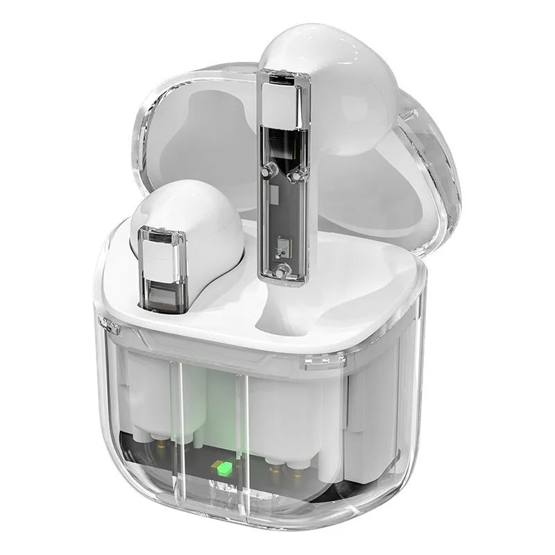 YX06 transparent TWS wireless headphones showing internal components with colour options