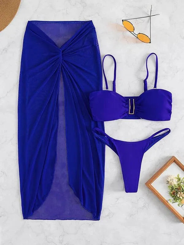 Women's three-piece bikini swim set with long culotte bottoms in multiple colour options