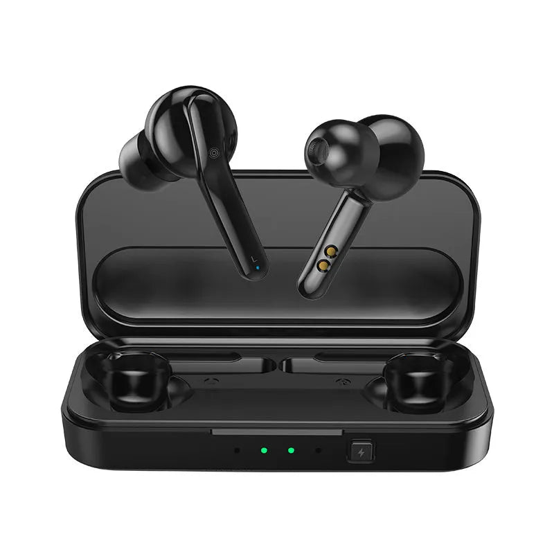 Black and white True Wireless Stereo Bluetooth 5.0 earbuds with IPX5 waterproof rating.