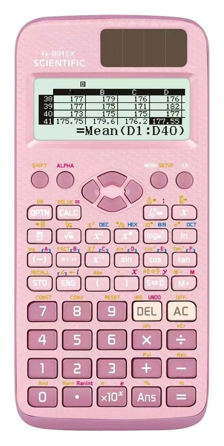 Casio 991EX solar-powered scientific calculator in black, blue, or pink for statistics and engineering