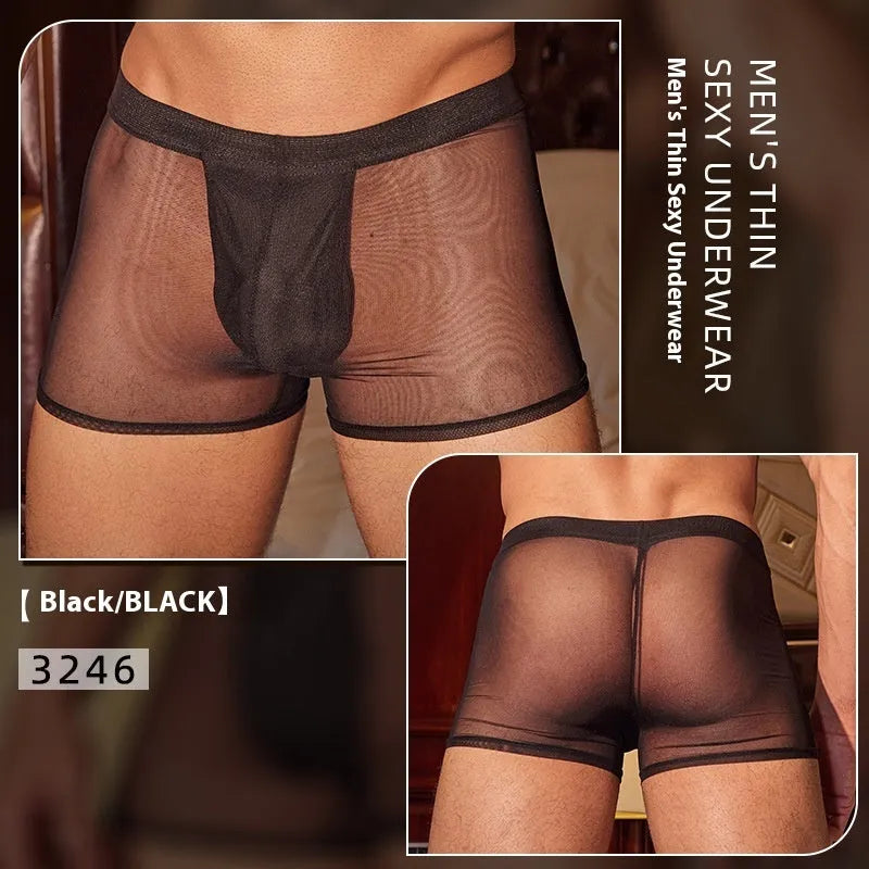 Men's black and white ultra-thin nylon boxer briefs laid flat