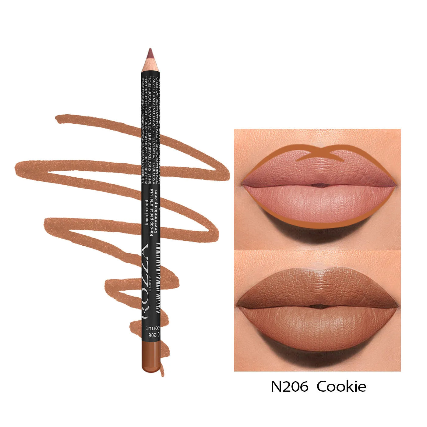 24-hour matte finish lip liner pencil in a range of wood tone shades on a white background.