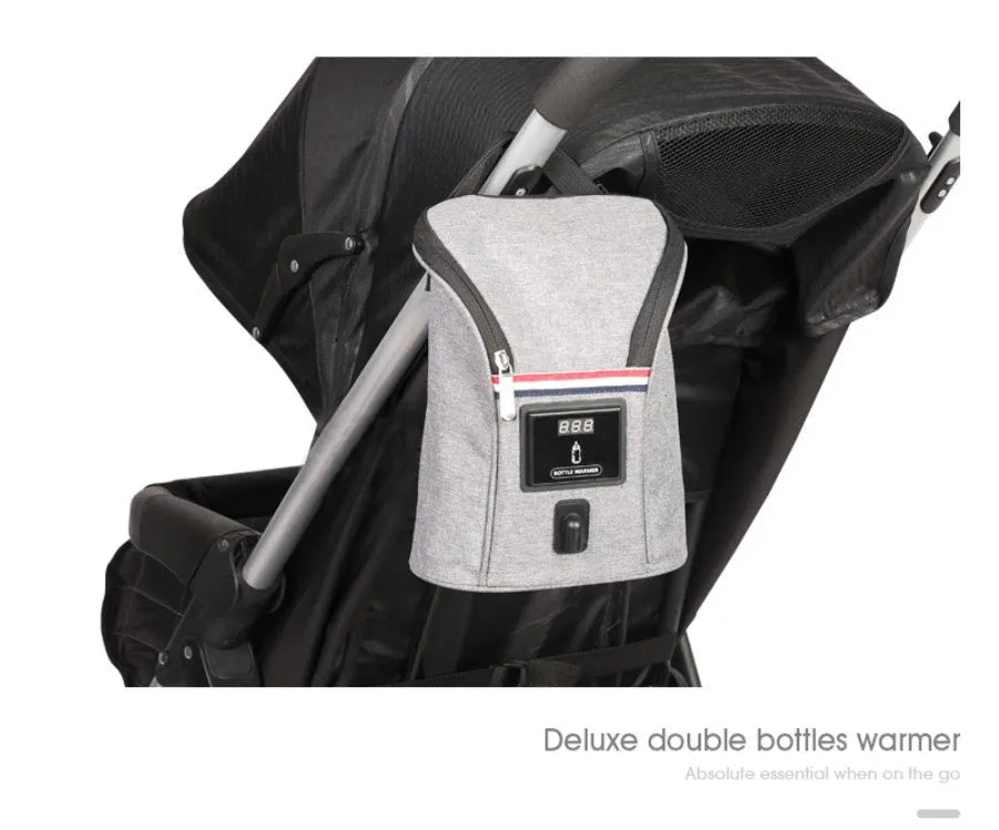 Grey Oxford cloth portable baby bottle warmer with car charger and temperature display