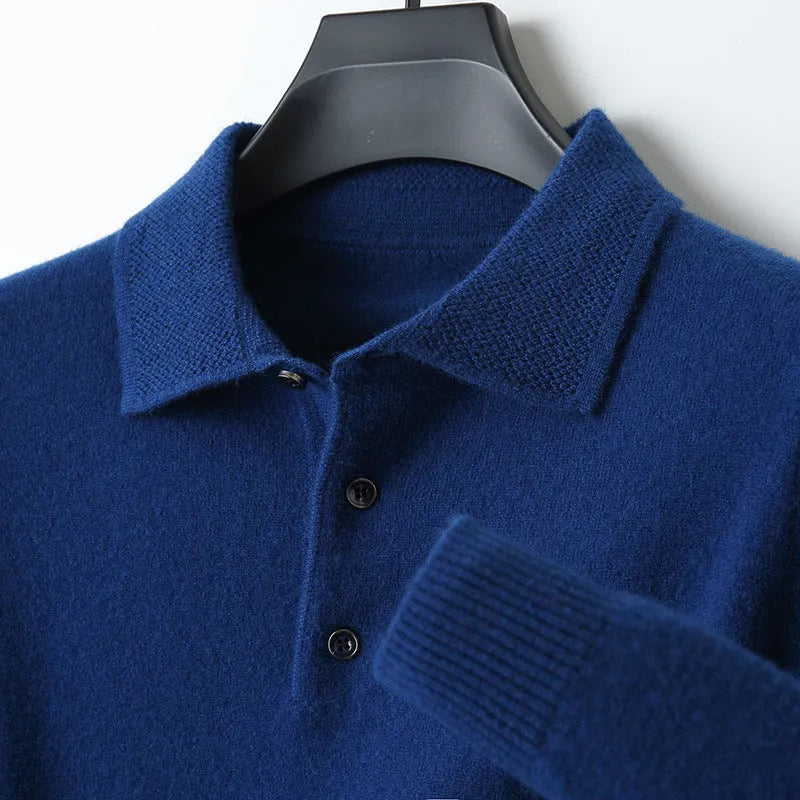 Man wearing a men's grey polo collar wool sweater pullover with long sleeves.