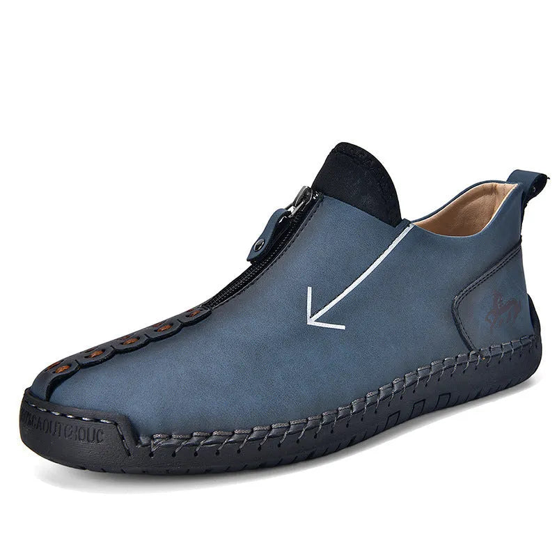 Men's brown leather-look zip-up martin boots with a round toe and rubber sole on a white background.