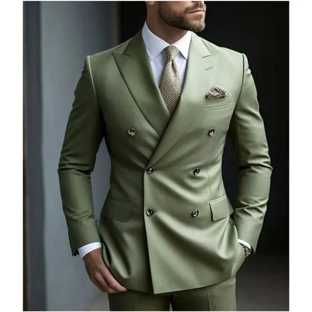 Korean style slim fit men's two-piece suit in a cotton blend fabric for business and banquet wear.